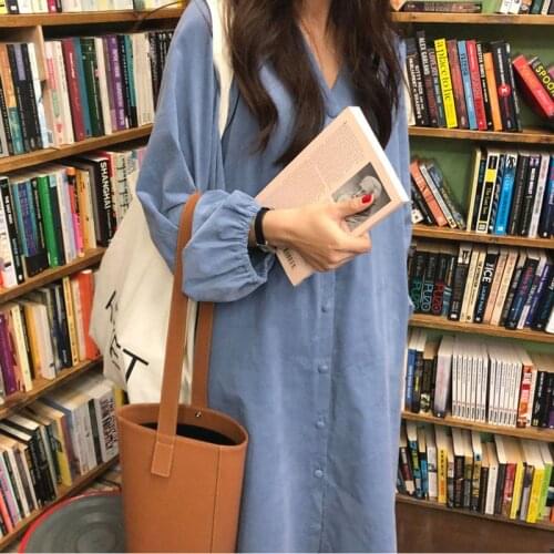 Johnature 2021 New V-neck Bandage Women Dresses Spring Korean Solid Color Single-breasted Loose Female Dress