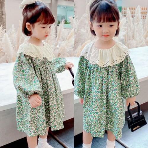 Toddler Girls Floral Dress Spring Autumn Kids Korean Lace Lapel Long Sleeve Dress Sweet Princess Dress for Girl Baby Clothing