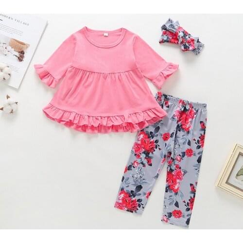 2019 Baby Girls 3 piece /sets pink solid color top +printed trousers + headband Girls set outer clothing 9-24m