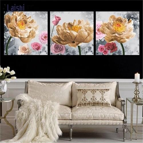 3Pcs 5D full Round Square Diamond Embroidery Peony Rose Landscape Full Diamond Painting Sets Mosaic Pictures Rhinestones Icon