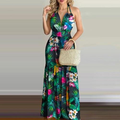 40# Tropical Print Women Halter Backless Maxi Dress Sexy Sleeveless Floral Beach Dress Bohemia Long Woman Dress Vestido De Mujer