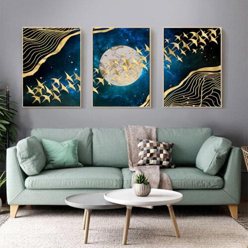 Abstract Moon Wall Art Golden Mountain Birds Nordic Canvas Painting Posters and Prints Wall Pictures for Living Room Home Decor