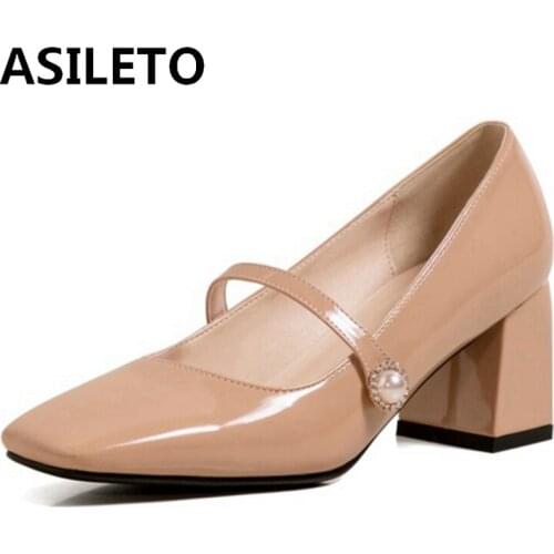 ASILETO New 2021 Ladies Pumps Square Toe 6.5cm Block Heels Buckle Pearl Mary Jane Soft Simple Big Size 48 Casual Summer A3461