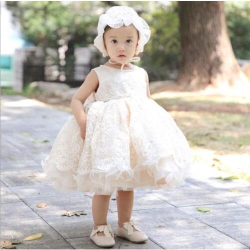 Light Champagne Baby Girl First Birthday Dress lace Tulle Infant Girl Christening Dress Girl Princess New Party Gown