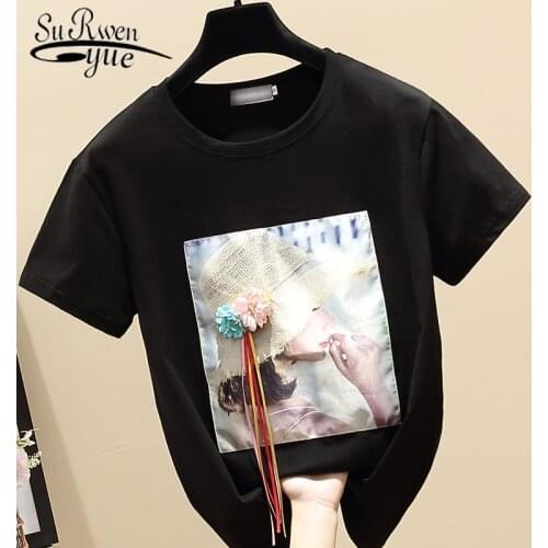 Korean Fashion Clothing White Black Vintage T-shirt 2020 New Casual Womens Summer Tops Ladies Tees Clothing 8641 50