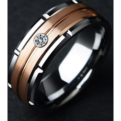 Fashion 8mm Mens Double Groove Beveled Steel Ring Rose Gold Brushed Inlay AAA Zircon Ring Mens Wedding Band Jewelry Gift