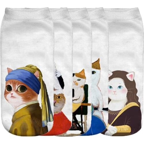 Creativity Cats Printed Low Ankle Socks For Unisex Fashion Funny Art Cotton Short Socks Cute Women Harajuku Happy White Socks