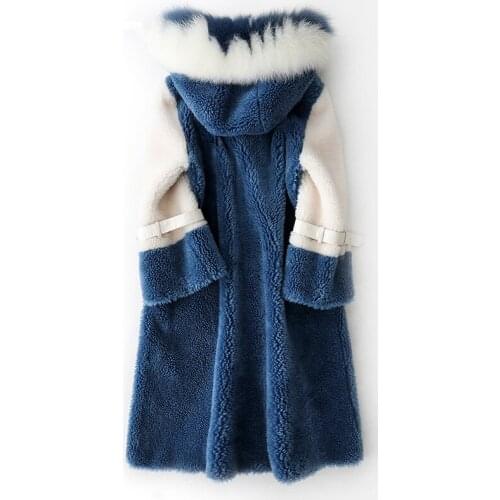 Real Wool Coats With Natural Fox Fur Collar Hooded Sheep Shearing Jacket Long Winter Jackets Womens Fur Coat YS896009