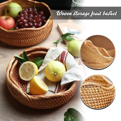 Rattan Storage Round Basket Hand-woven Rattan Tray Wicker Basket Snack Candy Bread Fruit Food Breakfast Display Tray