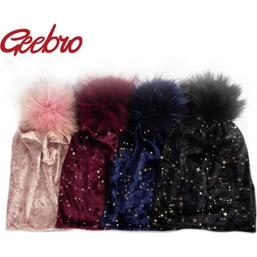Geebro Womens Casual Splatter Paint star Beanie Hat Raccoon Fox Fur Pompon Ladies Skull Solid Velour Soft Bonnet For Female