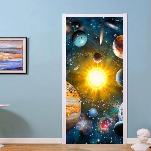 Modern 3D Space Universe Door Sticker Childrens Bedroom Living Room Home Decor Mural Wallpaper Self-Adhesive Door Poster Decals