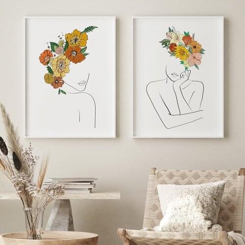 Modern Abstract Figure Line Art Picture Nordic Woman Head of Flowers Line Art Set Poster and Print for Living Room Home Decor