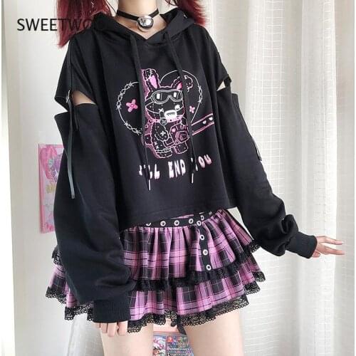 Harajuku Gothic Kawaii Hoodie Teen Girls Women Punk Oversized Bunny Anime Crop Sweatshirt Vintage Kpop Long Sleeve Pullover 2021