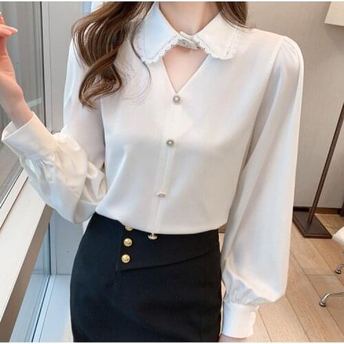 2021 Spring New Loose Solid Color Blouse Womens Fashion Wild Temperament Long Sleeve Shirt Lace Lapel Shirt