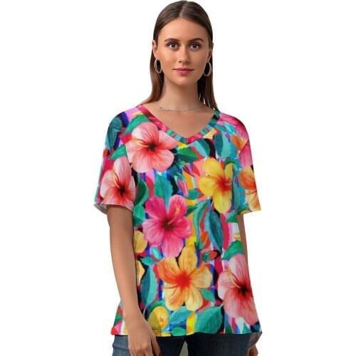 Floral T Shirt Street Style Printed Womens Funny T-Shirt Short Sleeve V Neck Tee Shirt Oversized