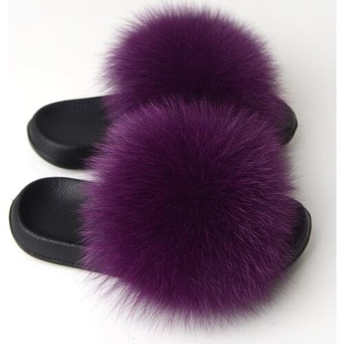 Hot Sale Party Fur Slippers Women Real Fox Fur Sliders Furry Slippers Flats Sweet Ladies Shoe Home Warm Flip Flops Women Sandals