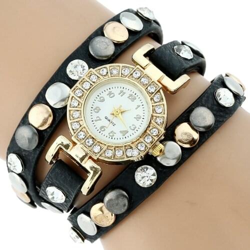 Gnova Platinum Women Brand ticks Punk Fashion Pu Leather Bracelet Wristwatch Golden Quartz Crystal Rhinestone Dial A470