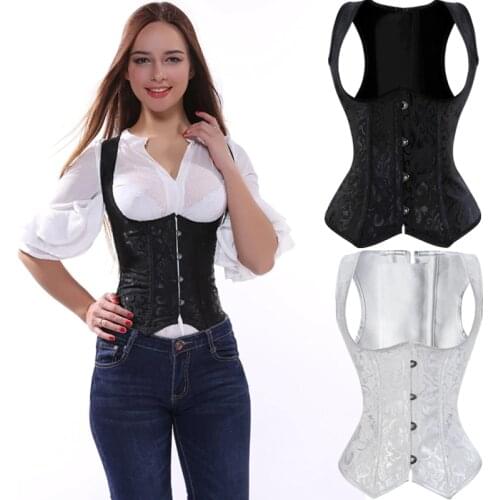 S-6XL Womens White Black Brocade Steel Boned Steampunk Tesla Underbust Corset Waist Cincher Vest Corselet Plus Size