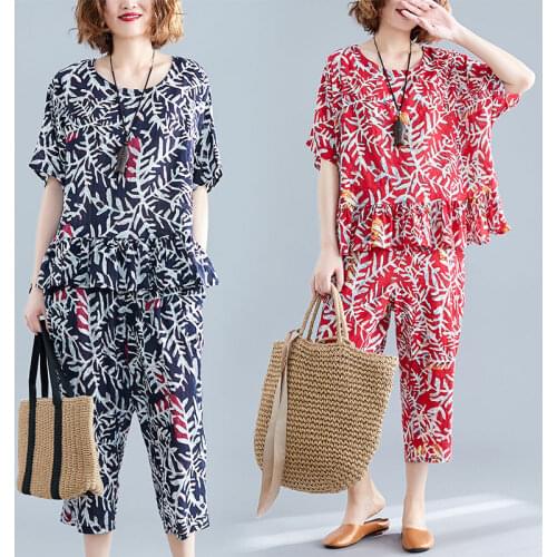2021 Women Summer Print Floral Vintage Two Pieces Set Soft Cotton Loose Tops and Calf-Length Pants Set Womens Casual Suits L379