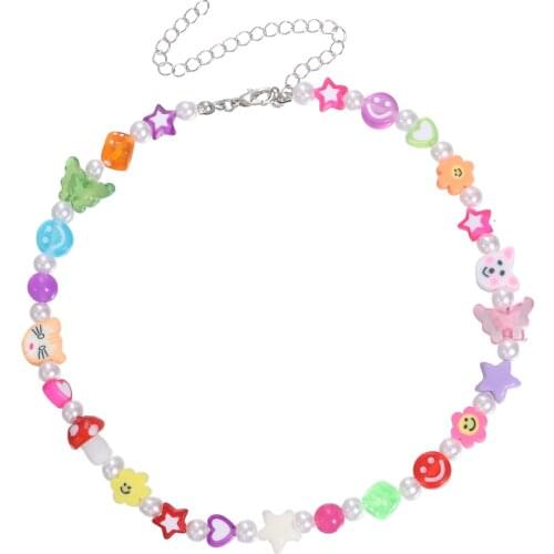 Imitation Pearls Smiley Animals Flowers Beaded Necklace for Women Candy Color Clavicle Chain Short Necklaces 2021 Fashion New