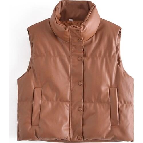 Girl Winter Black Cotton Vest Ladies Waistcoat Top Sleeveless Jacket Faux Leather Streetwear PU Coat Outdoor Button Up Outerwear