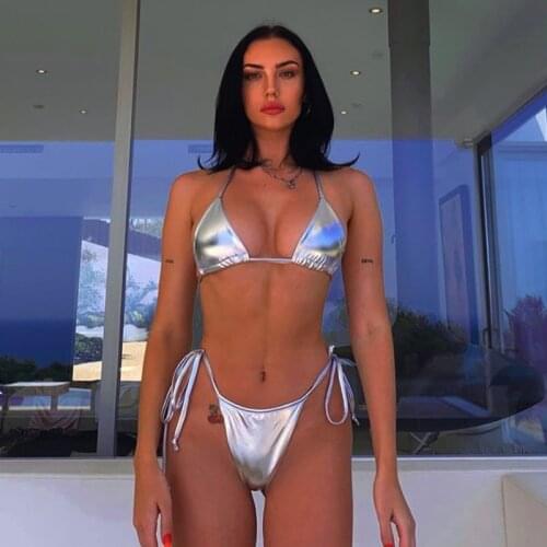 Neon Shiny Wet Look Patent Leather Bandage Bikini 2 Piece Set Bathing Suit Women Summer Beach Vacation Swimwear 2020 10 Colors