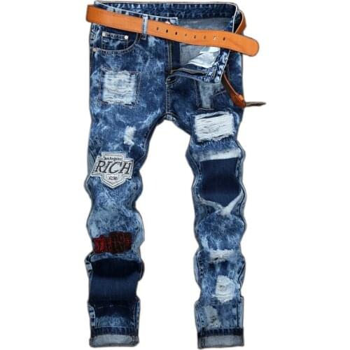 2021 AUTUMN Spring Mens Ripped Street HIP HOP Punk Stretch Bike Jeans Trendy Holes Straight Denim Trouers