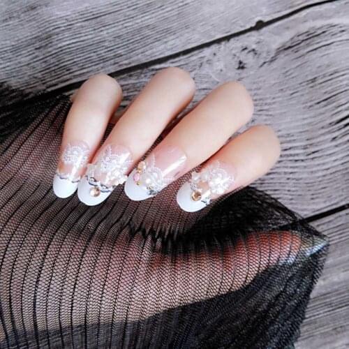 24 Pcs/Set Women Lady 3D False Nails With Glue Transparent Lace Designed Full Wrapped Tips Wedding Bride Fake Nail