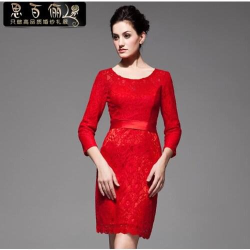 Free shipping 2018 new short red bride fashion gowns for women lace long sleeve custom party prom custom mother of the Dresses