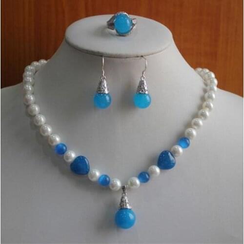 Free shipping silver Hot Jewelry 8mm12mm red blue Purple yellow pink black Jade shell pearl Pendant Necklace Earring Ring Set