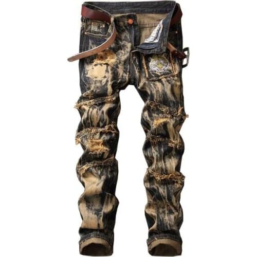 Tide Hole Mens Jeans Fashion Hip Hop Boys Straight Trouser Retro Vintage Mens Leisure Trousers Slim Jeans Men Jean Bottoms 42