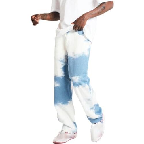 2020 Mens Blue Tie Dye Print Jeans Fashion Baggy Hip Hop Street Casual Straight Pants Harajuku Vintage Denim Trousers