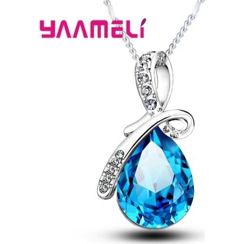 Hot Sale Factory Price Female 925 Sterling Silver Elegant Charming Multicolor Crystals Watedrop Pendant Necklace For Woman Girls