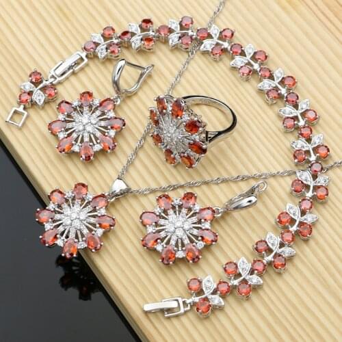 Flower 925 Silver Red Zirconia Birdal Jewelry Sets Earrings Stone Bracelet Ring Necklace Set Dropshipping Accessories