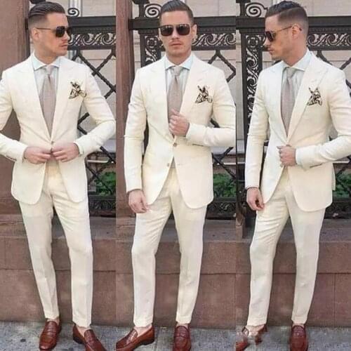 Custom Ivory Men Suits for Wedding Tuxedos Prom Groom Wear 2Piece(Jacket+Pants)Groomsman Outfit Man Blazer Terno Masculino