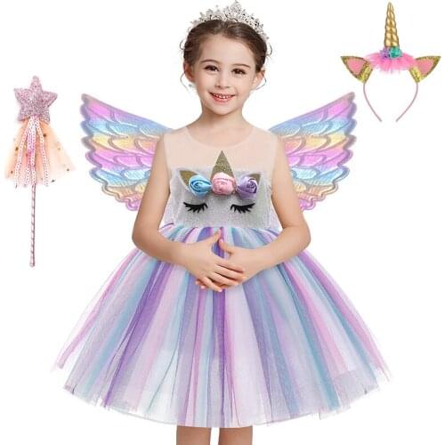 Girls Unicorn Costume Fancy Up Halloween Kids Birthday Party Sequin Rainbow Tutu Dresses Princess Cosplay Costumes Vestidos