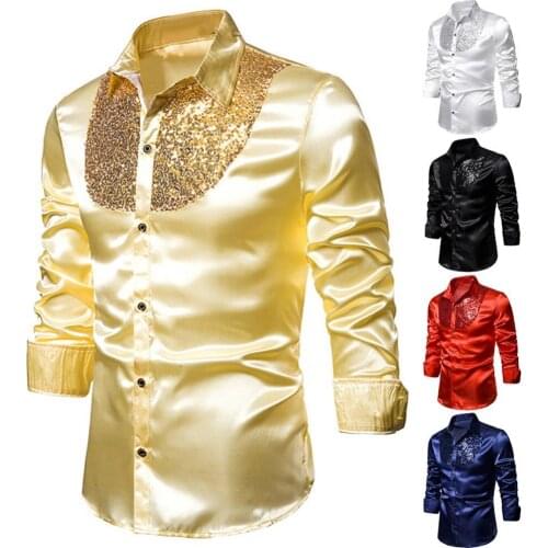 Hot Sales Men Solid Color Long Sleeve Shiny Sequins Buttons Stage Business Nightchlub Shirt