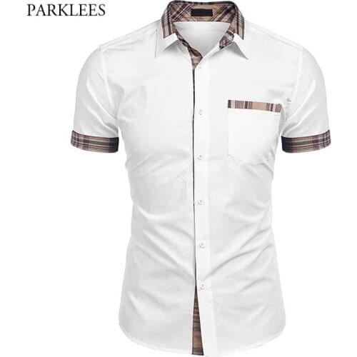 Mens Plaid Checked Patchwork Shirt Short Sleeve Slim Fit Dress Shirts Men Cotton Business Casual Button Up Blouse Chemise Homme