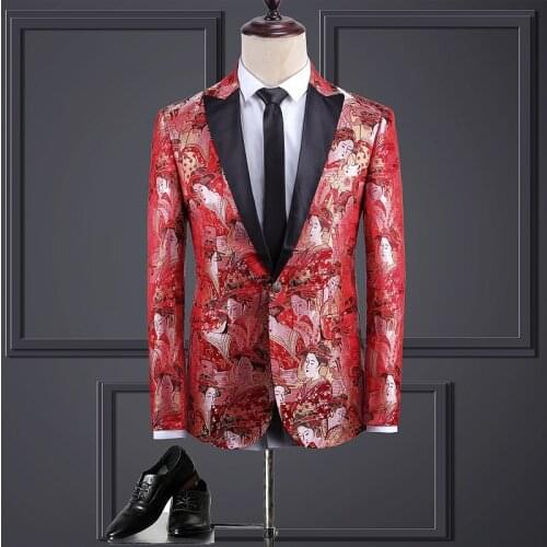 Mens Printing Blazer Chinese Style Floral Party Club Wedding Male Blazer Suits Long Sleeve Personality Blazer Jacket Red Outfi