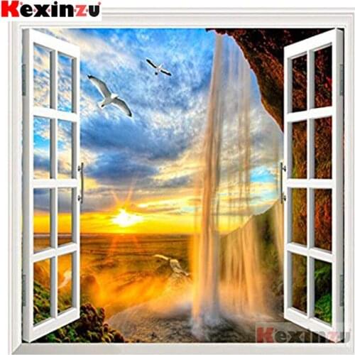 Kexinzu Full 5D DIY Square Diamond Painting"Window waterfall"3D Embroidery Cross Stitch Rhinestone Mosaic Home Decor Gift Xy00