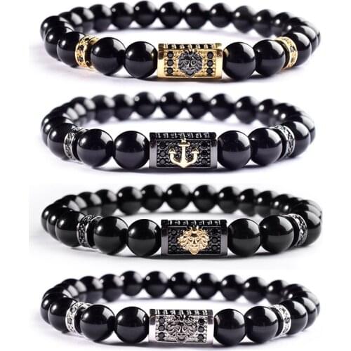 2021 New Design Lion Crown Men Bracelet Pave Cubic Zirconia Stone Glossy Beads Charm Bracelet For Men Jewelry Pulsera Hombre