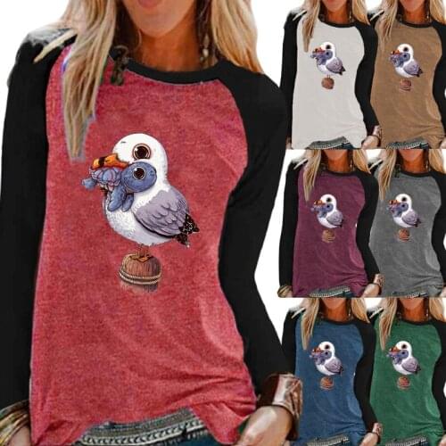 Autumn Fashion Cartoon Bird Printing Long Sleeve Plus Size Loose Shirt Casual Top Round Neck Pullovers Clothing for Women Tops