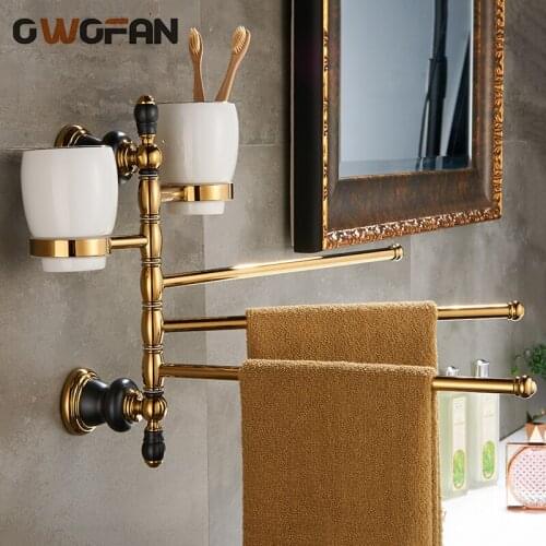 Gold Folding Movable Bath Towel Bar With Double Cup Holder Multifunction Bathroom Accessories Antique Brass Towel Bars XL-66838