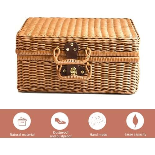 Retro Handwoven Rectangular Wicker Handbag, Simulation Rattan Woven Suitcase Vintage Suitcase Storage Box Picnic Storage Box