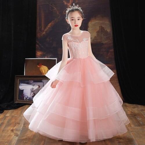 Little Girls Kids Luxury Pink Color Birthday Wedding Party Princess Flowers Dress Model Show Catwalk Piano Host Costumes Dress