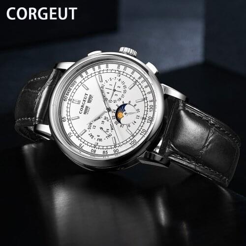 Top Brand CORGEUT Luxury Mechanical wristwatches moon Phase White Dial Silver 316L Case Automatic Watch men Relógio masculino