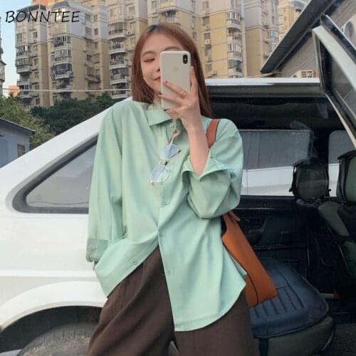 Shirts Women Turn-down Collar Simple Solid Fashion Loose Long Sleeve All-match Hot Sale Korean Style Lady Clothing Leisure Chic