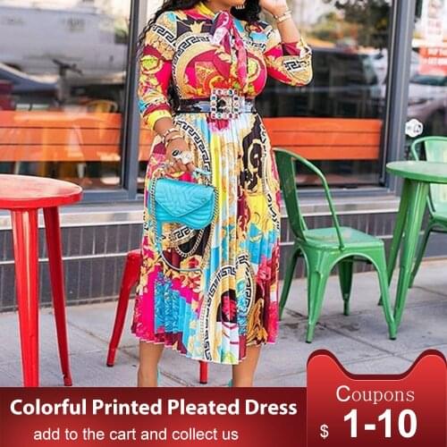 Colorful Printed Dress Lapel High Waist Pleated Geometric Midi Dress Robe 2019 African Elegant OL Femme Vestiods Autumn No Belt
