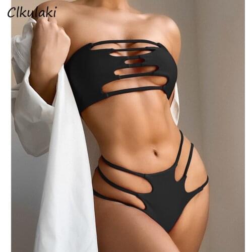 Sexy Strapless Bikini Swimsuit Women Hollow High Waist Swimwear Two-Piece Bikini Set 2021 Summer Beach Female Solid Bathing Suit