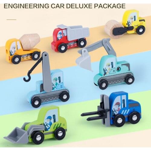 Construction Toy Cars 7 PCS Wooden Kids Mini Vehicles for Toddlers, Compatible to Thomas Train Toys Railway and Major Brands